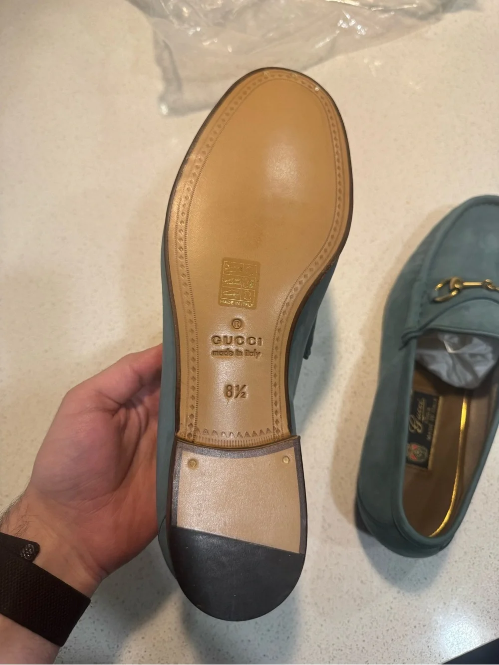 Men's GUCCI '1953 Horsebit' Aqua Blue Suede Loafers 8 1/2